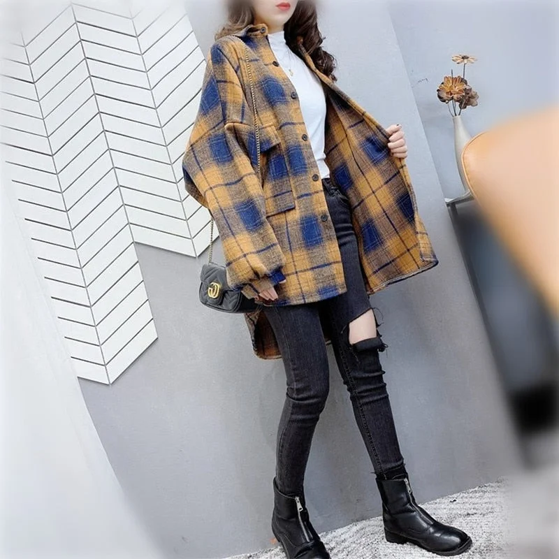 Zoki Vintage Women Plaid Shirt Autumn Loose Long Sleeve Turn Down Collar Button Up Korean Shirts Casual Oversize Female Tops