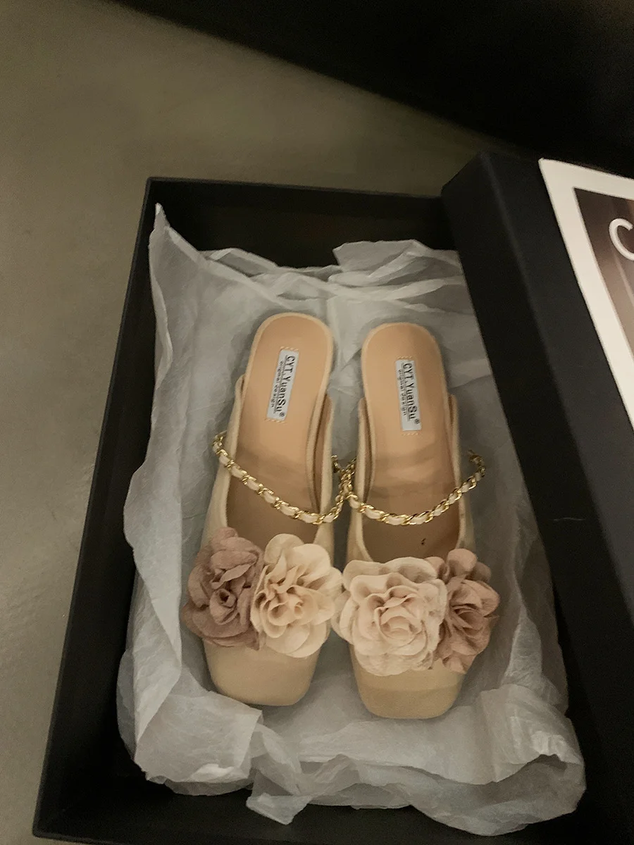 Churchf Churchf New Chinese Flat Baotou Half Support Shoes Women's Shoes Wear 2024 New Net Red Hot Style Temperament Small Cool Drag