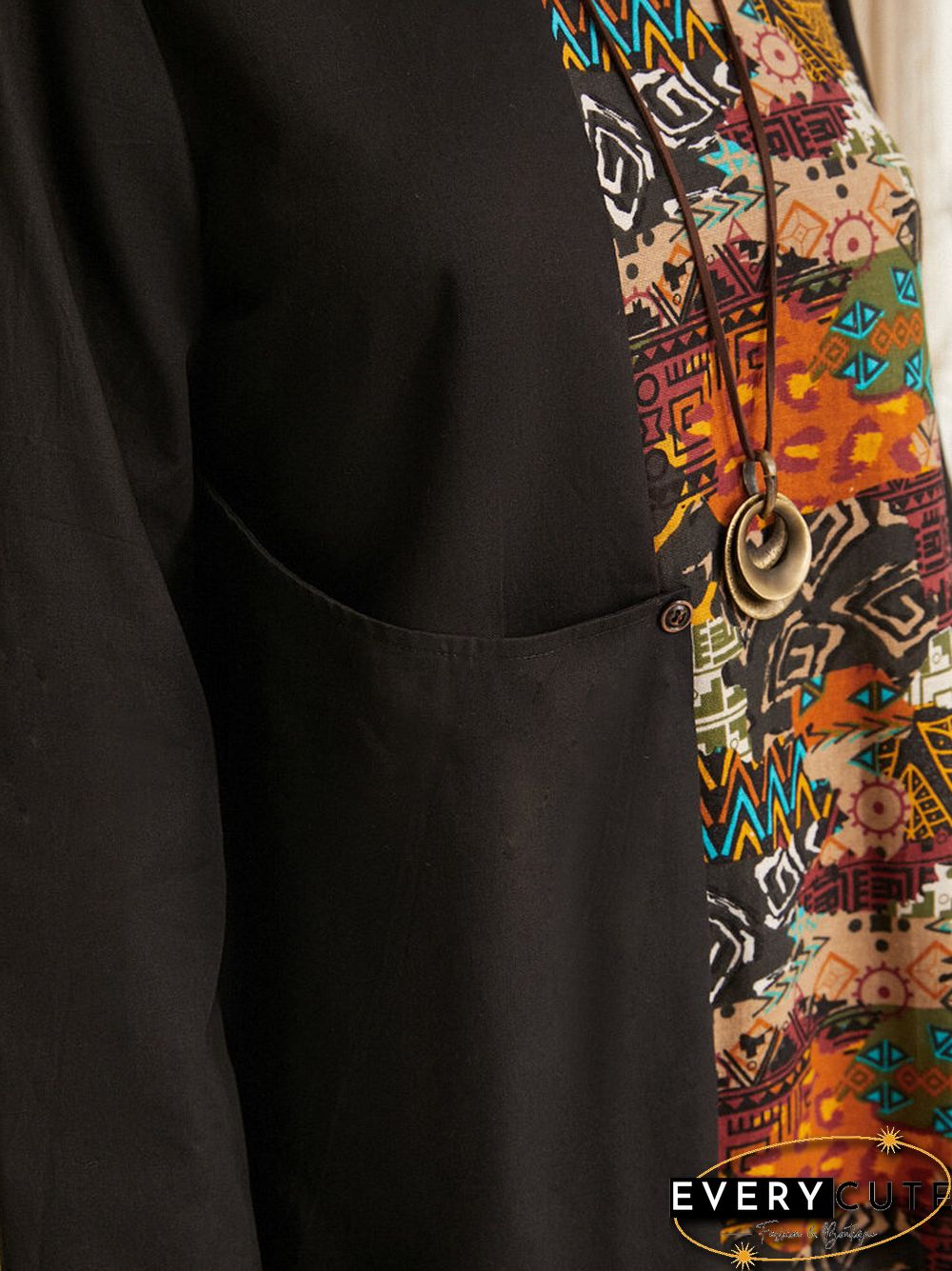 Tribal Pattern Long Sleeve O-neck Pocket Maxi Dress