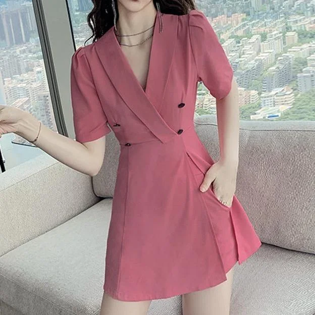 Pink/khaki Suit Collar Dress High Waist Shorts Two Piece Set SS1922