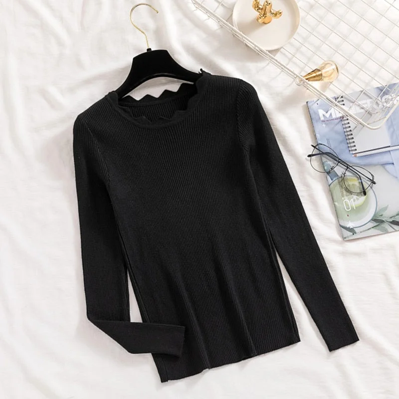 Women Casual Five Color Slim Pit Knitted Sweater Long Sleeve Irregular Neck High Street All-match Pullover 2021 Winter New Tops