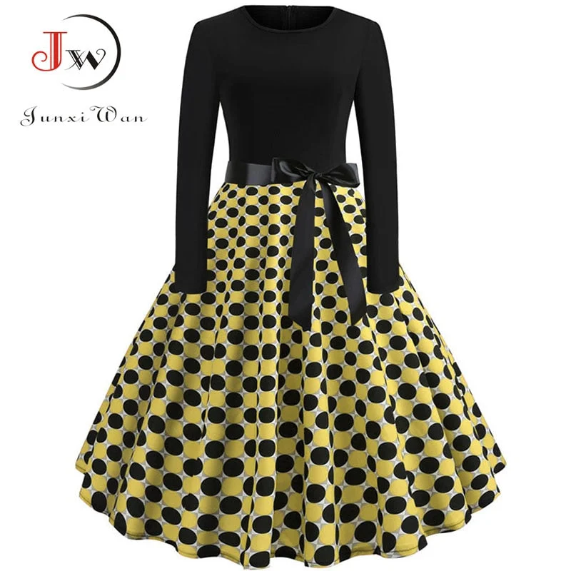 Floral Print Vintage  Women New Spring Elegant Party Long Sleeve Casual Black Patchwork Midi Dress