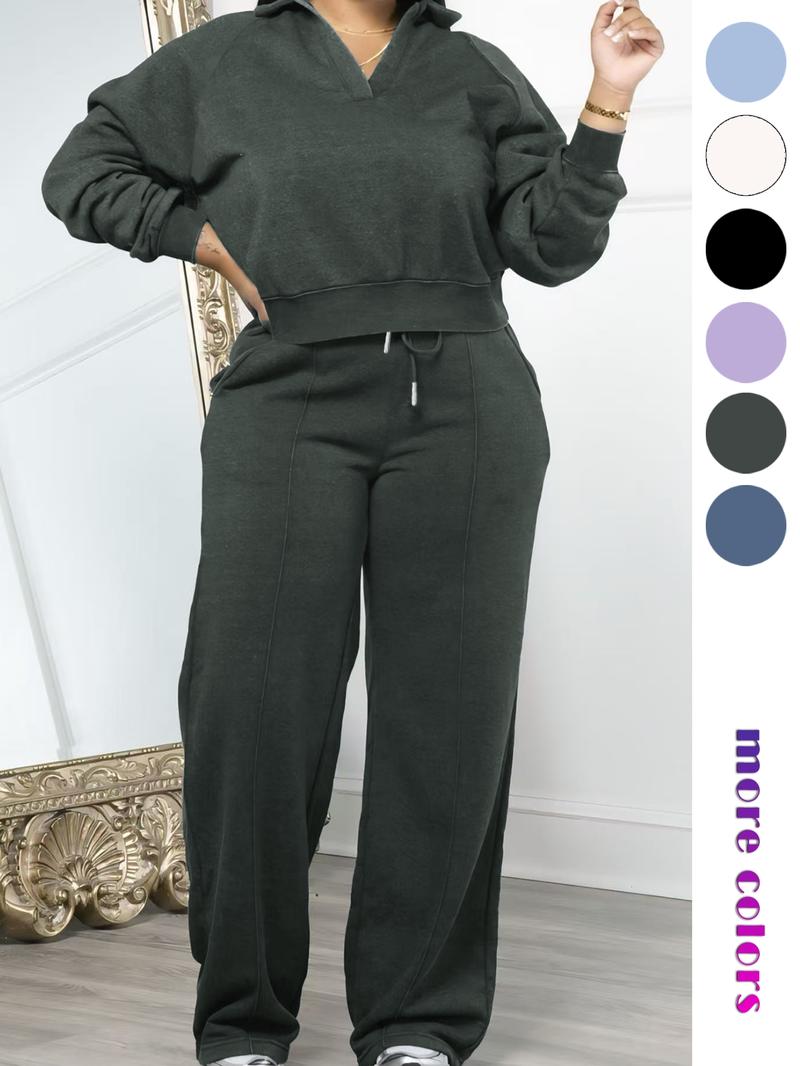 Women's Solid Long Sleeve Sweatshirt & Drawstring Waist Pants Set, Casual Fashion Cozy Two-piece Outfits for Daily Outdoor Wear, Women Clothes for All Seasons