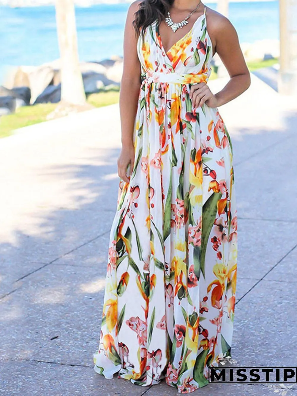 Beach Sling Leak Back Flower Print Maxi Dress P10165