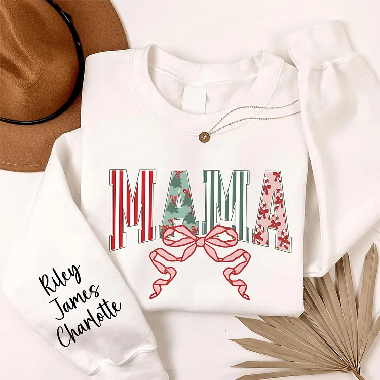 Holiday Mama Personalized Sweatshirt &ndash; Custom Kids&rsquo; Names on Sleeve