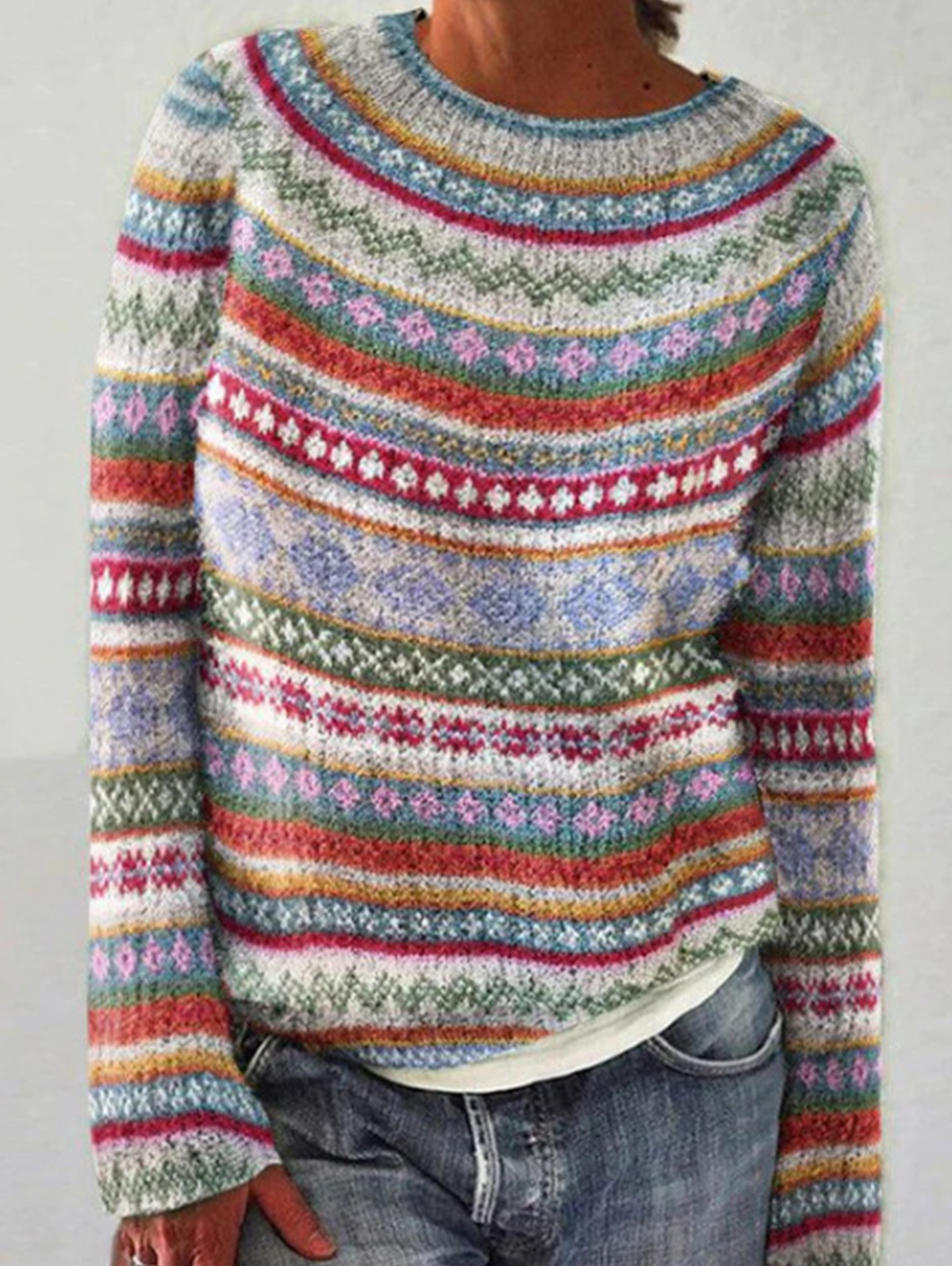 Casual Crew Neck Geo Pattern Knitted Sweater