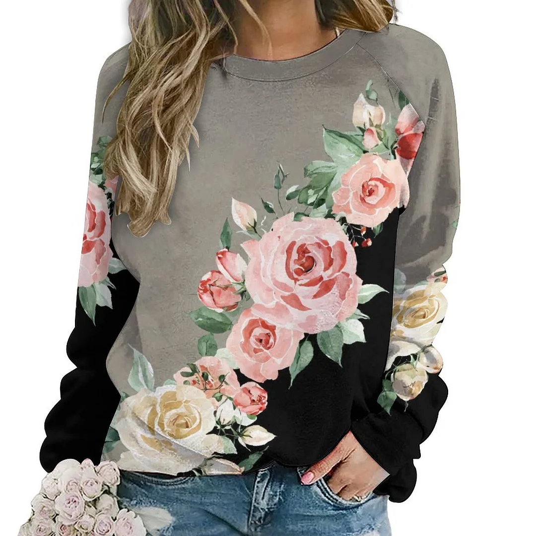 Printed Long Sleeve Casual Sweatshirt for  Women and Men Unisex Pattern Floral, Red, Black
