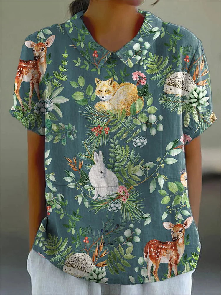 Women's Vintage Floral Animals Art Print Casual Cotton And Linen Shirt