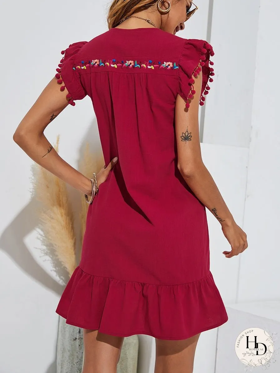 Embroidery Flutter Sleeve Mini Dress