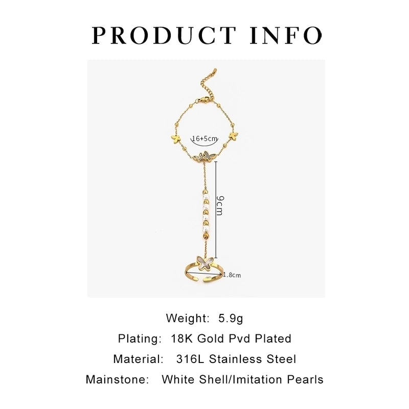 Sweet Minimalist Classic Style Butterfly 316L Stainless Steel  18K Gold Plated Imitation Pearl Rhinestones Shell Bracelets In Bulk