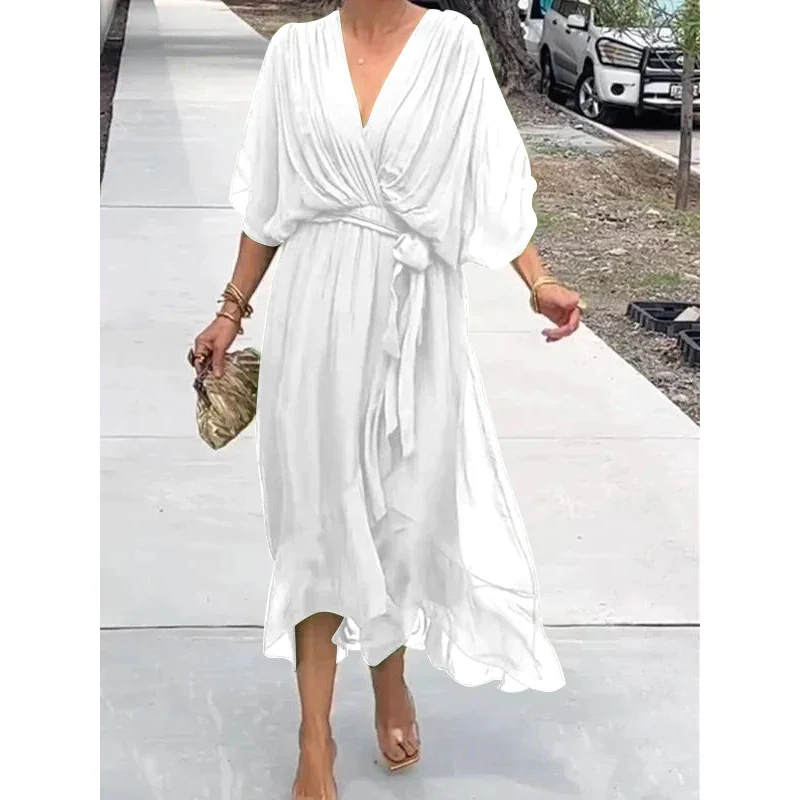 Uveng Uveng New Women's Solid Color With Long Skirt Bat Sleeve Irregular Dress Large