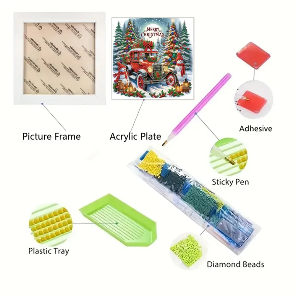 5D DIY Partial Special Shaped Drill Diamond Painting Xmas Car 22.8x22.8cm【With Frame】