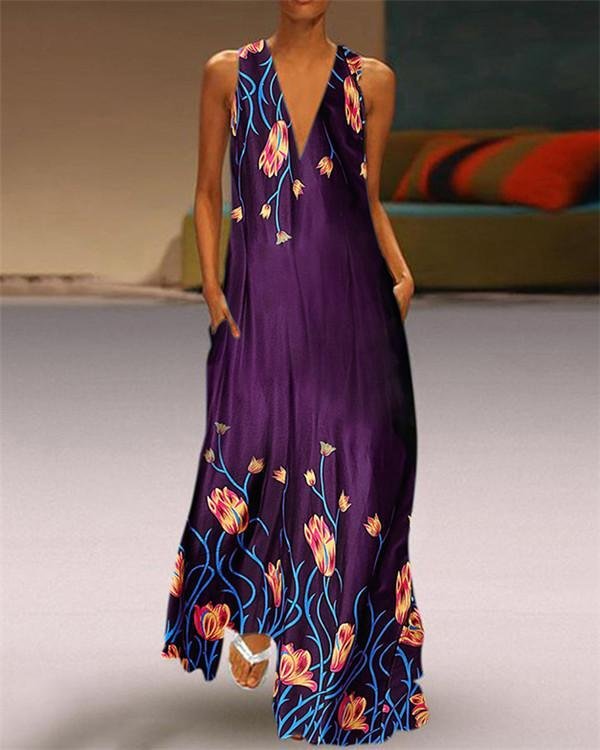 Floral Sleeveless Round Neck Holiday Daily Fashion Maxi Dresses - Chicaggo