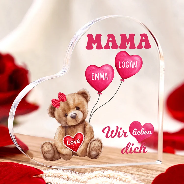 Kettenmachen Personalisierte 2 Namen & Text Herz Acryl-Deko Teddybär & Herzballon -Wir lieben dich- Familie Schreibtischdekoration