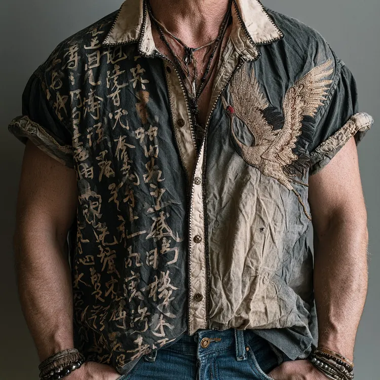 Men's Vintage Calligraphy And Crane Art Pattern Casual Shirt