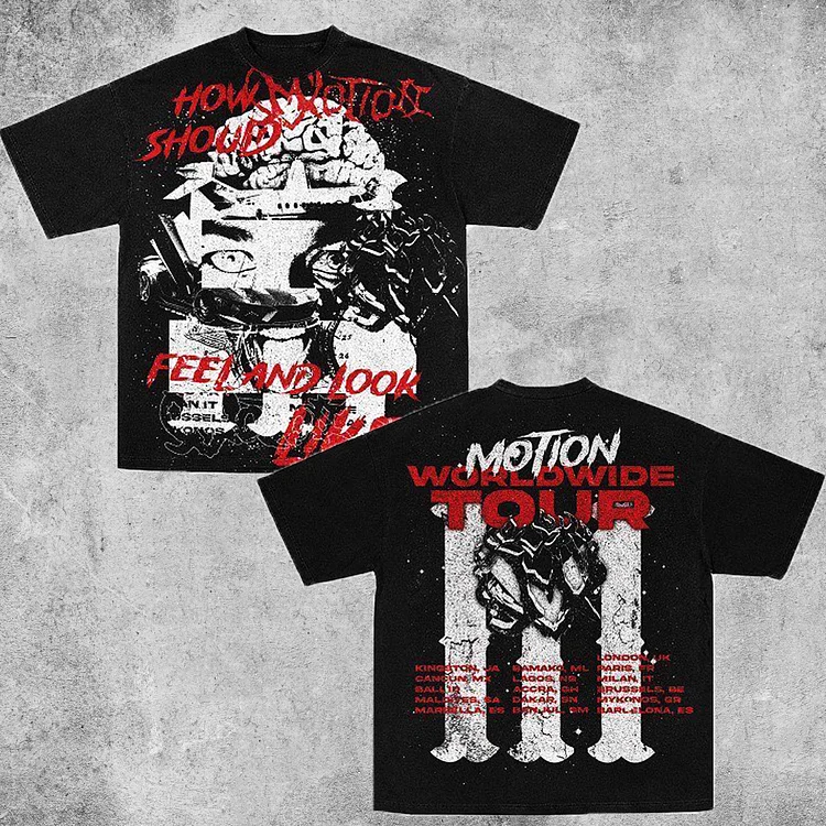 Vintage Motion World Tour Graphic 100% Cotton T-Shirt