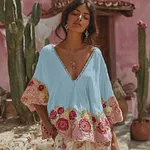 Women's Vintage Floral Art Embroidery Linen T-shirt - Image 6