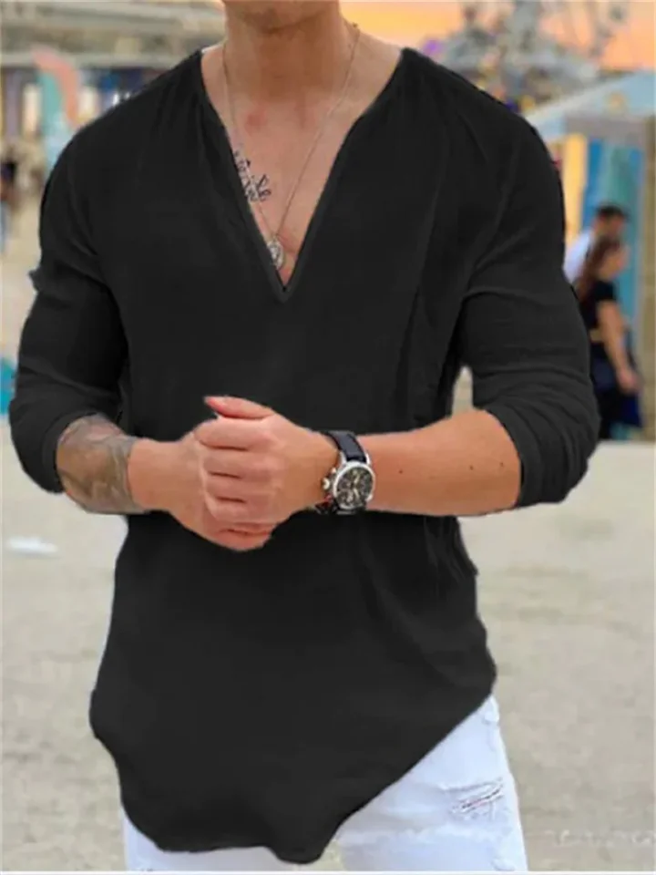 Men's Shirt T shirt Tee Tee Casual Shirt Solid Color Plain V Neck Black White Outdoor Street Long Sleeve Clothing Apparel Fashion Casual Comfortable | 168DEAL
