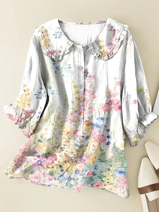 Floral Cotton and Linen Loose Peter Pan Ruffle Collar Shirt