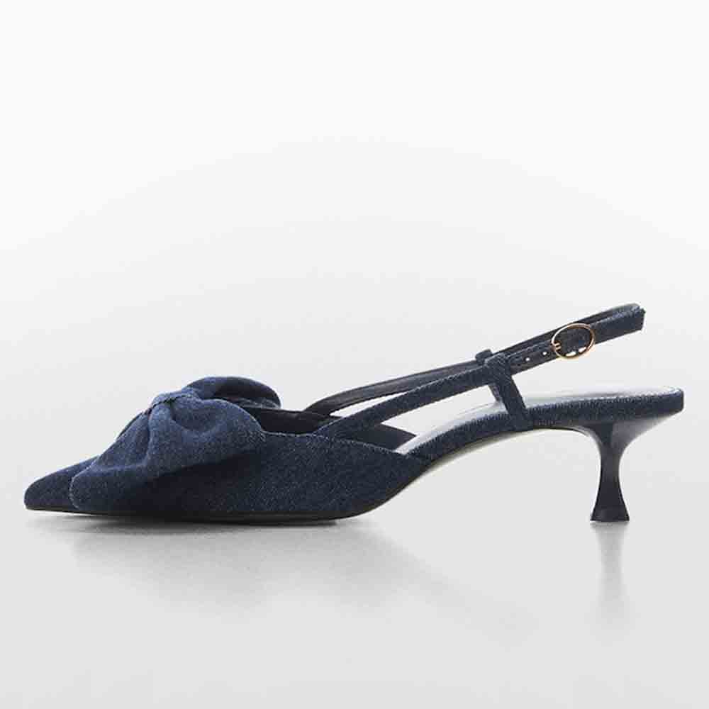 Blue Denim Pointed Toe Bow Slingback Pump Shoes with Kitten Heel Nicepairs