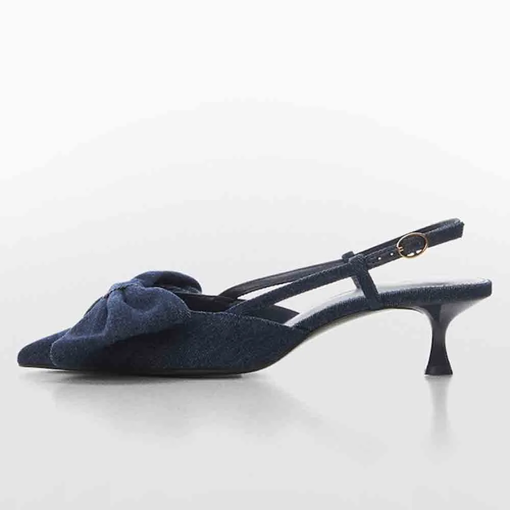 Elegant Denim Blue Kitten Heel Mules Bow Pointed Toe Slingback Pumps Nicepairs