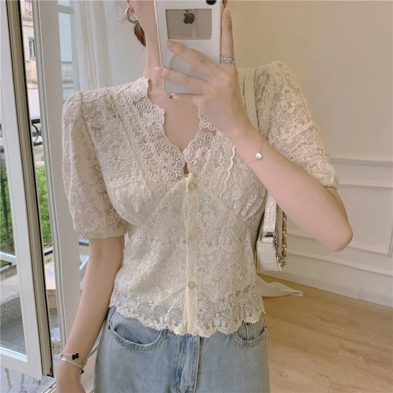 Jangj V-neck Elegant Solid Lace Mesh Shirt 2022 Korean Style Casual Blouse Short Sleeve Open Stitch Shirt Fashion Clothing