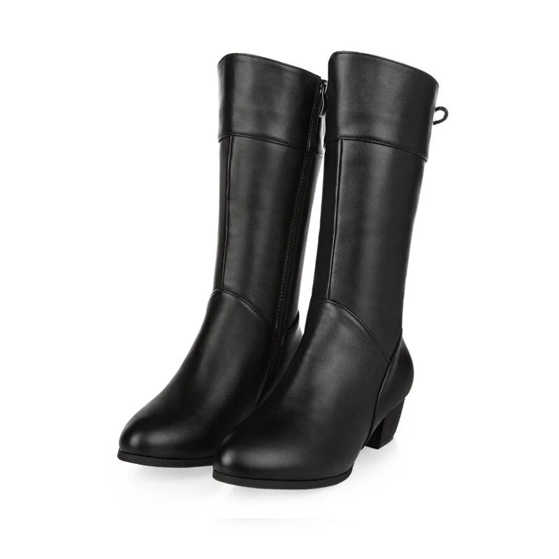 Women's Mid-calf Boots Shoes Autumn Block Heels Zipper Pu Leather Fashion Female Footwear Comfortable Ladies High Boots New 2021