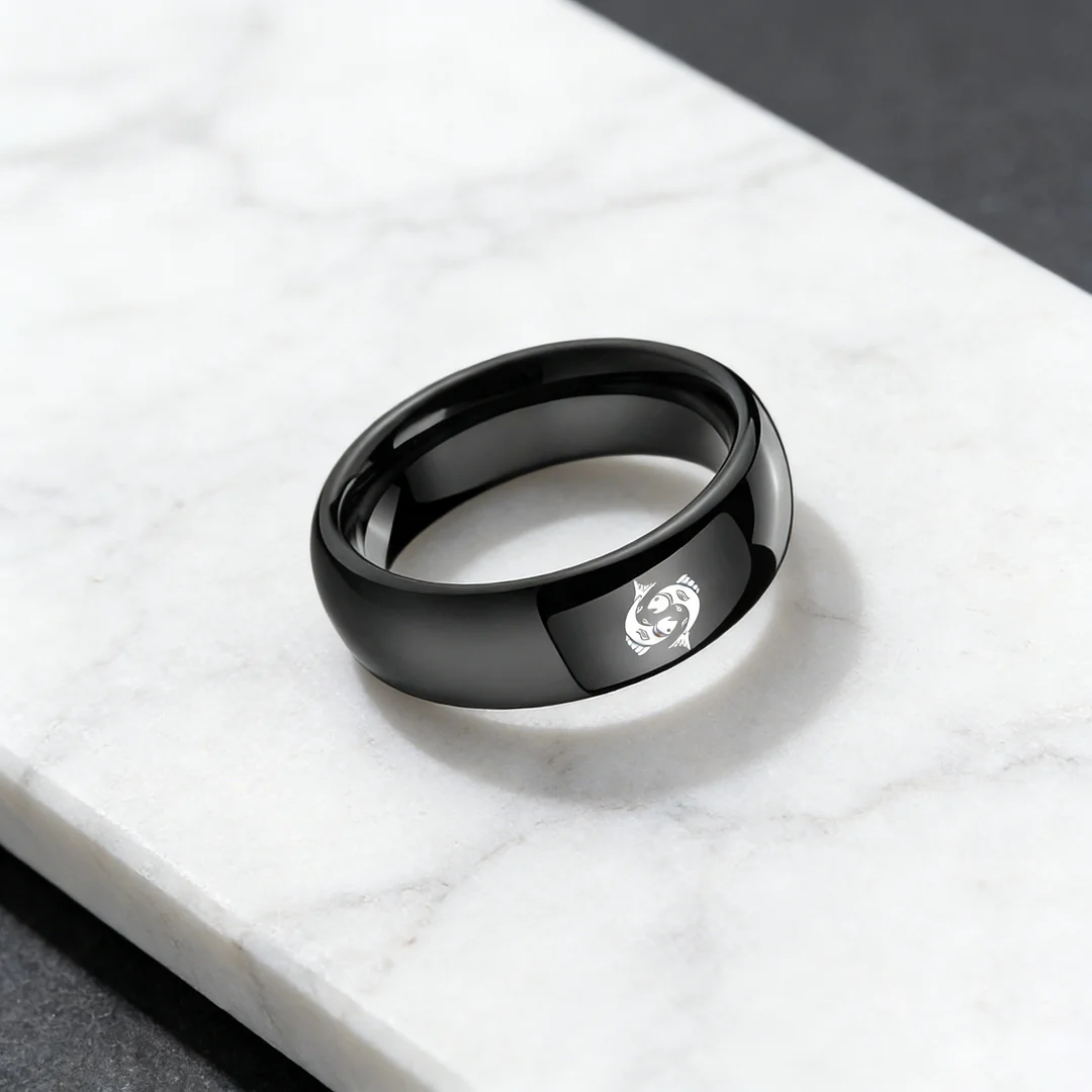 4MM 6MM 8MM Black Pisces Tungsten Carbide Rings Prints Laser Design Domed Top Tungsten Wedding Band