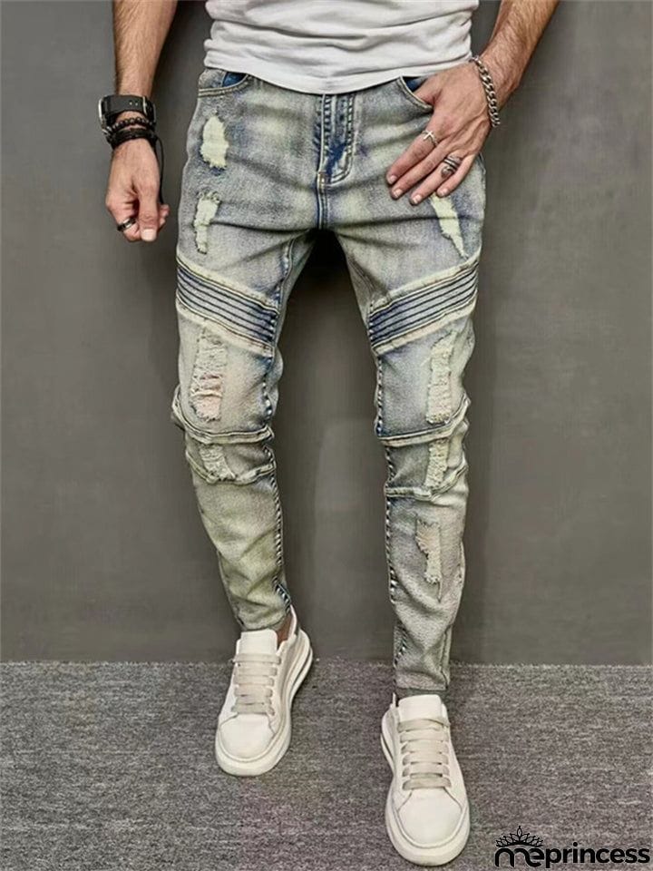 Men's Blue Ripped Elastic Slim Fit Casual Jeans