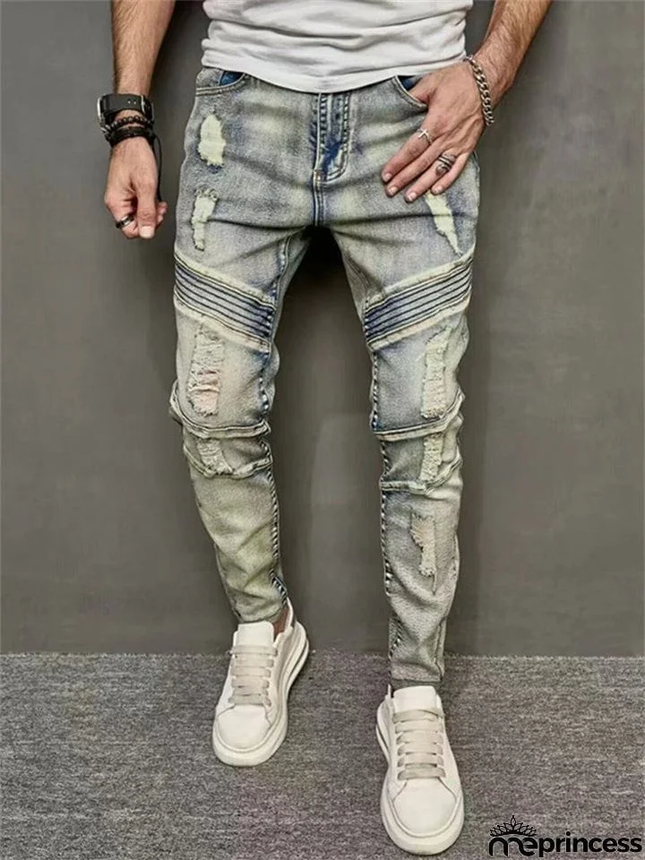 Men's Blue Ripped Elastic Slim Fit Casual Jeans
