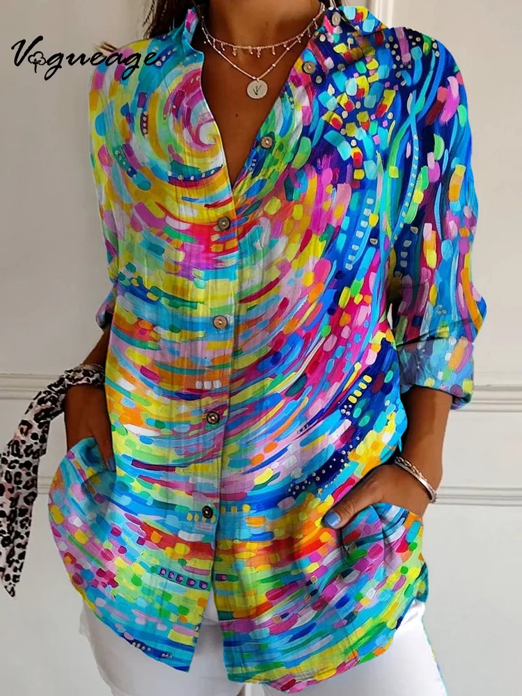 Colorful Oil Painting Style Lines Spots Long Sleeves Printed Cotton And Linen Shirt