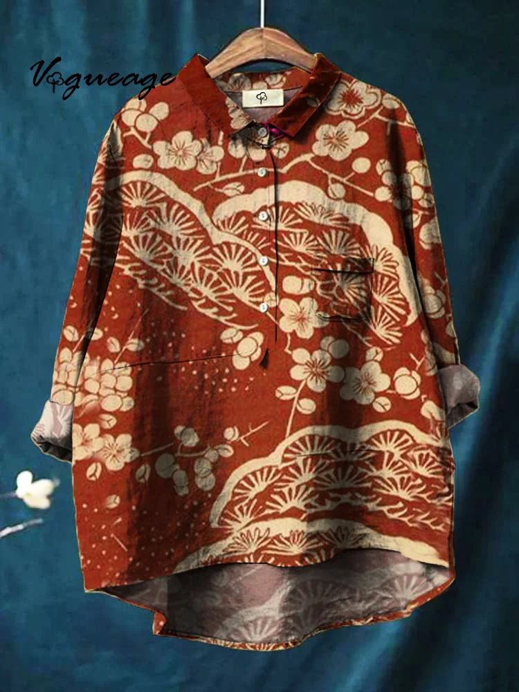 Retro Simple And Elegant Plants And Flowers Print Cotton And Linen Shirt