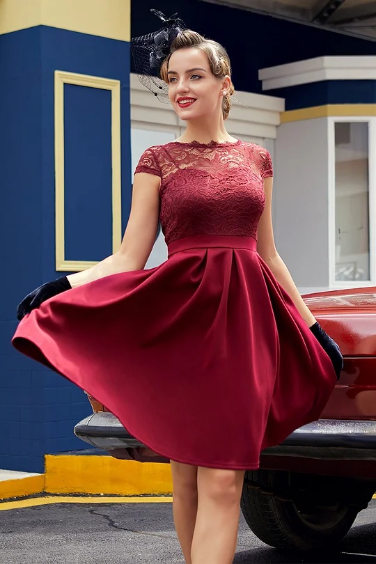 Burgundy Lace Sheath Tight Knee Length Homecoming Dresses ,HD0017