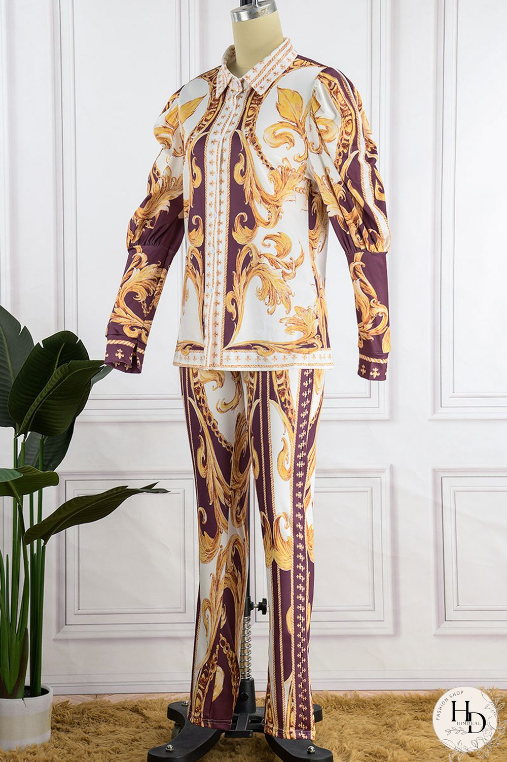 Brown Casual Print Patchwork Turndown Collar Long Sleeve Two Pieces