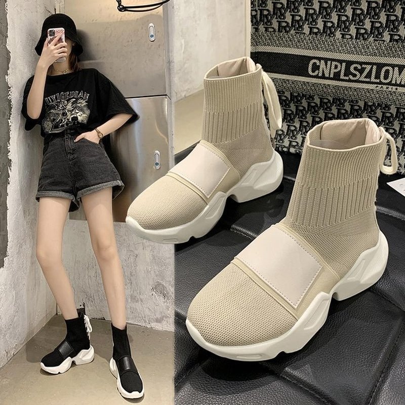 Socks shoes back lace female 2021 spring and summer new breathable thick-soled casual sports stretch cloth short boots tide
