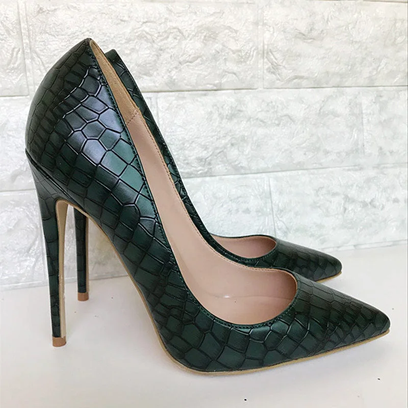 LOURDASPREC Dark Green Crocodile Effect Women Sexy Pointed Toe Stilettos Pumps 8cm 10cm 12cm Extremely High Heels Ladies Party Shoes