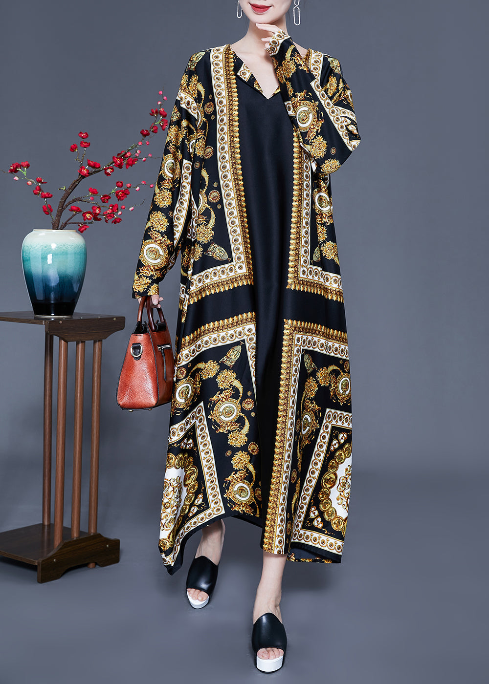 VCSHOES Black V Neck Oversized Print Silk Ankle Dress Spring