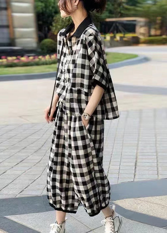 VCSHOES Plaid Button Pockets Cotton Two Piece Set Half Sleeve