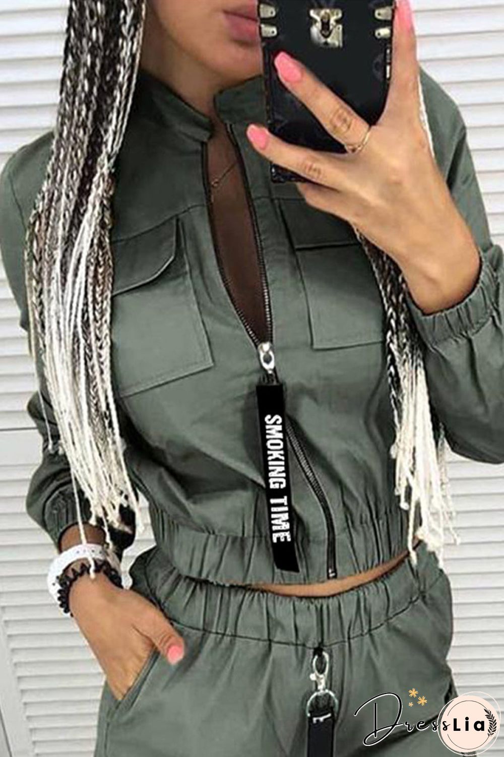 Casual Solid Zipper Mandarin Collar Three Quarter Two Pieces(3 Colors)