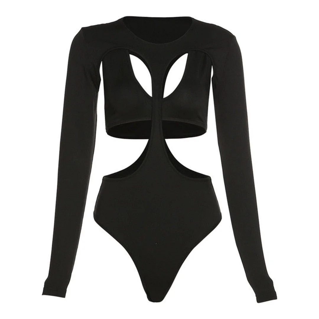 Hollow Out Bandage Bodysuit with Long Sleeve in Black