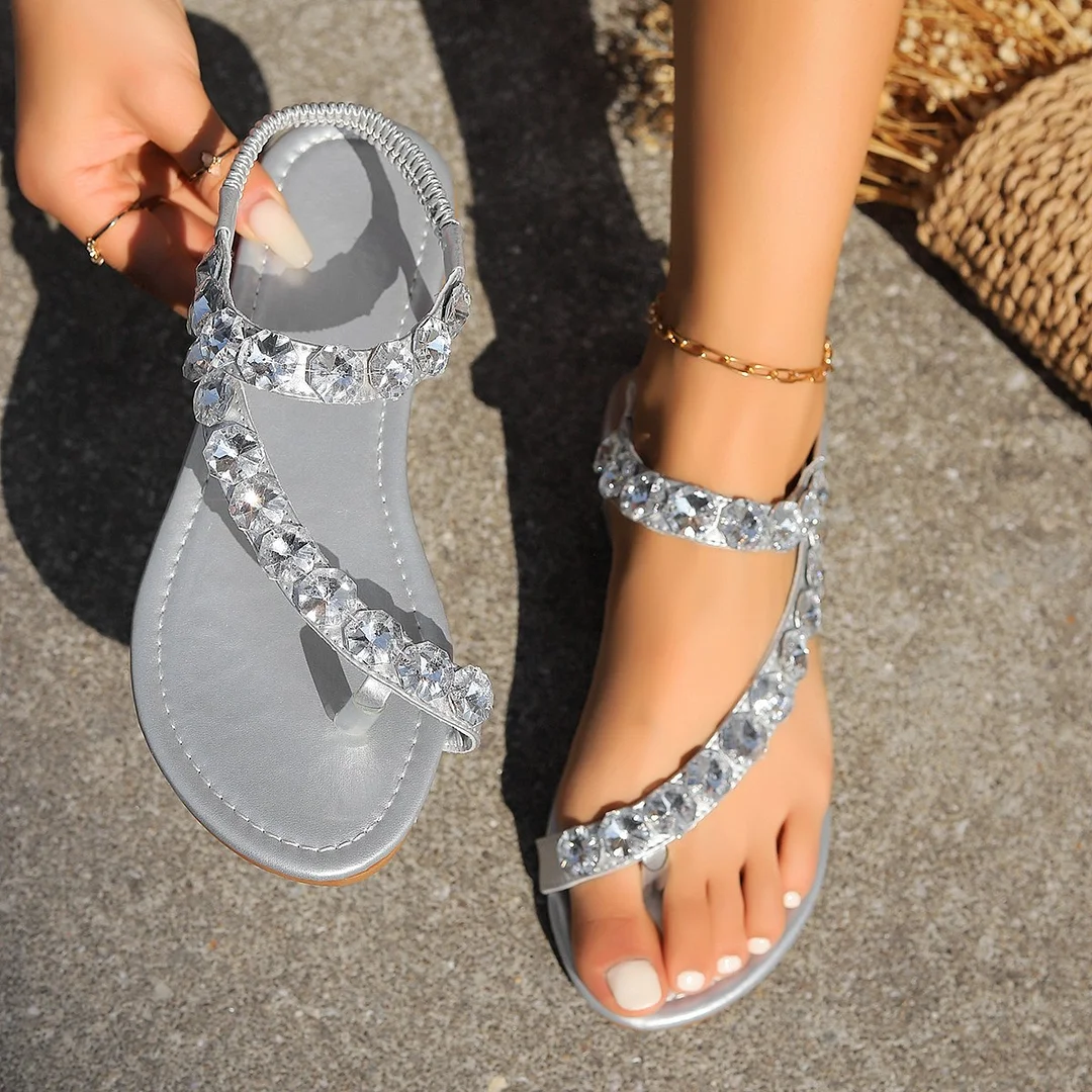 Yyvonne Size 2025 New Summer Flat-Bottomed Round Head With Crystal Sandals And Sandals Outside Wearing Beach Women's Sandals