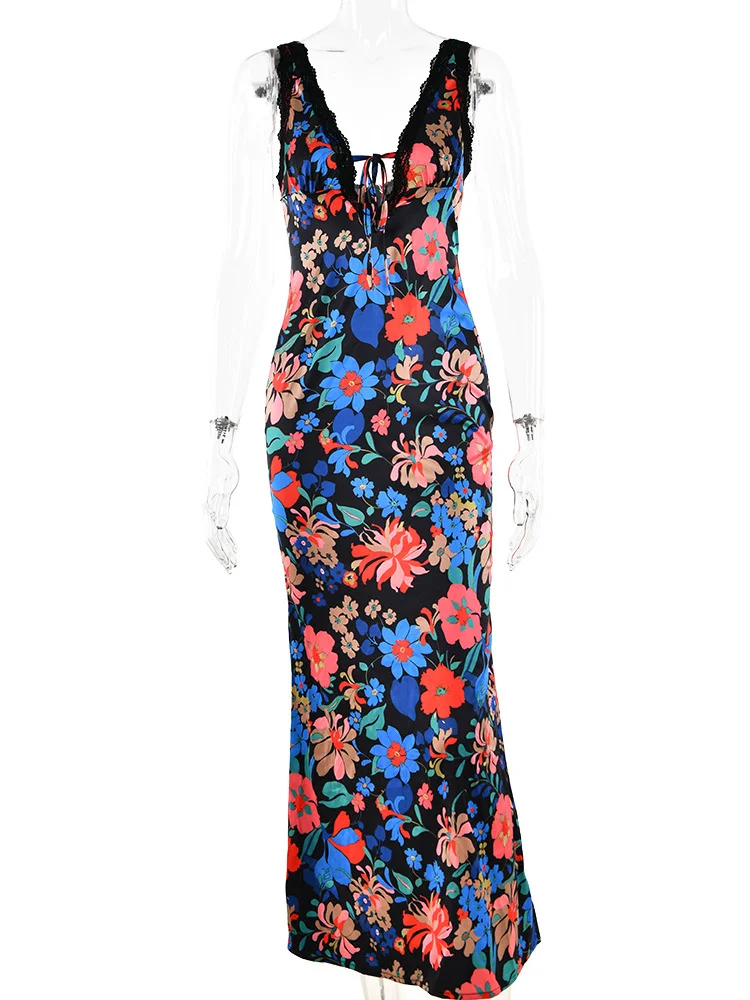 Women Summer Elegant V-neck Slip Floral Print Satin Backless Lace Bodycon Maxi Dress
