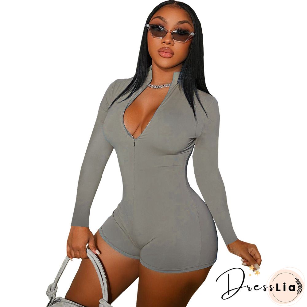 Solid Zipper Front Long Sleeve Bodycon Romper