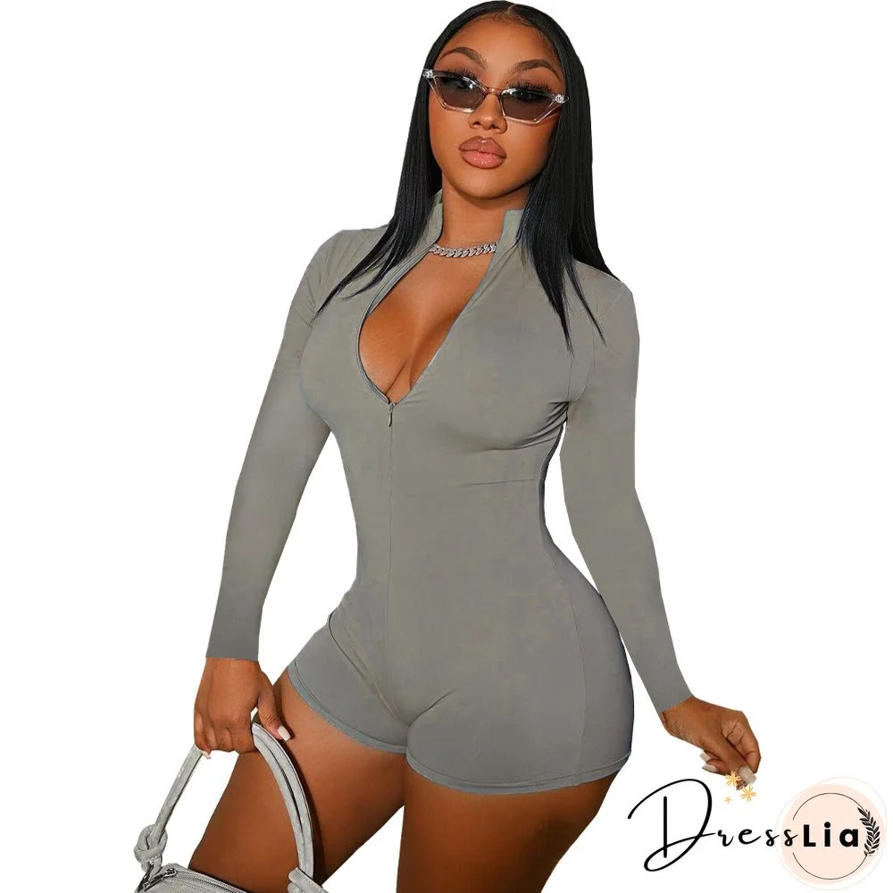 Solid Zipper Front Long Sleeve Bodycon Romper