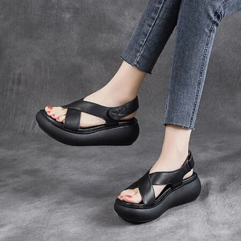 Tanguoant Summer NEW Women Sandals Genuine PU Leather Shoes High Heels Ladies Summer Sandals Retro Style Women Handmade Sandal Shoes