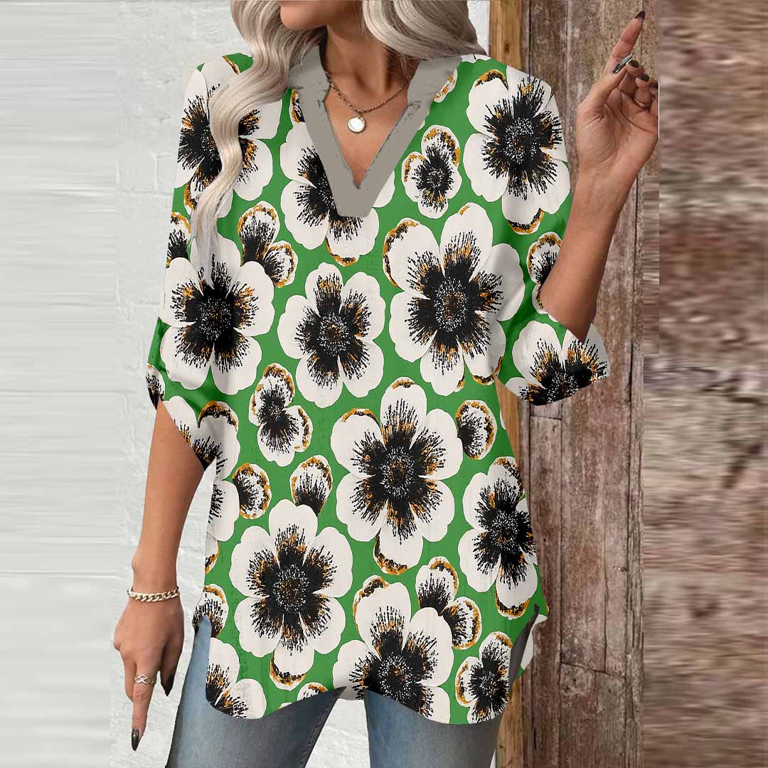 Women Floral, Green, Black DZGA0128 3/4 Sleeve V-neck Printed Graphic Button Tops