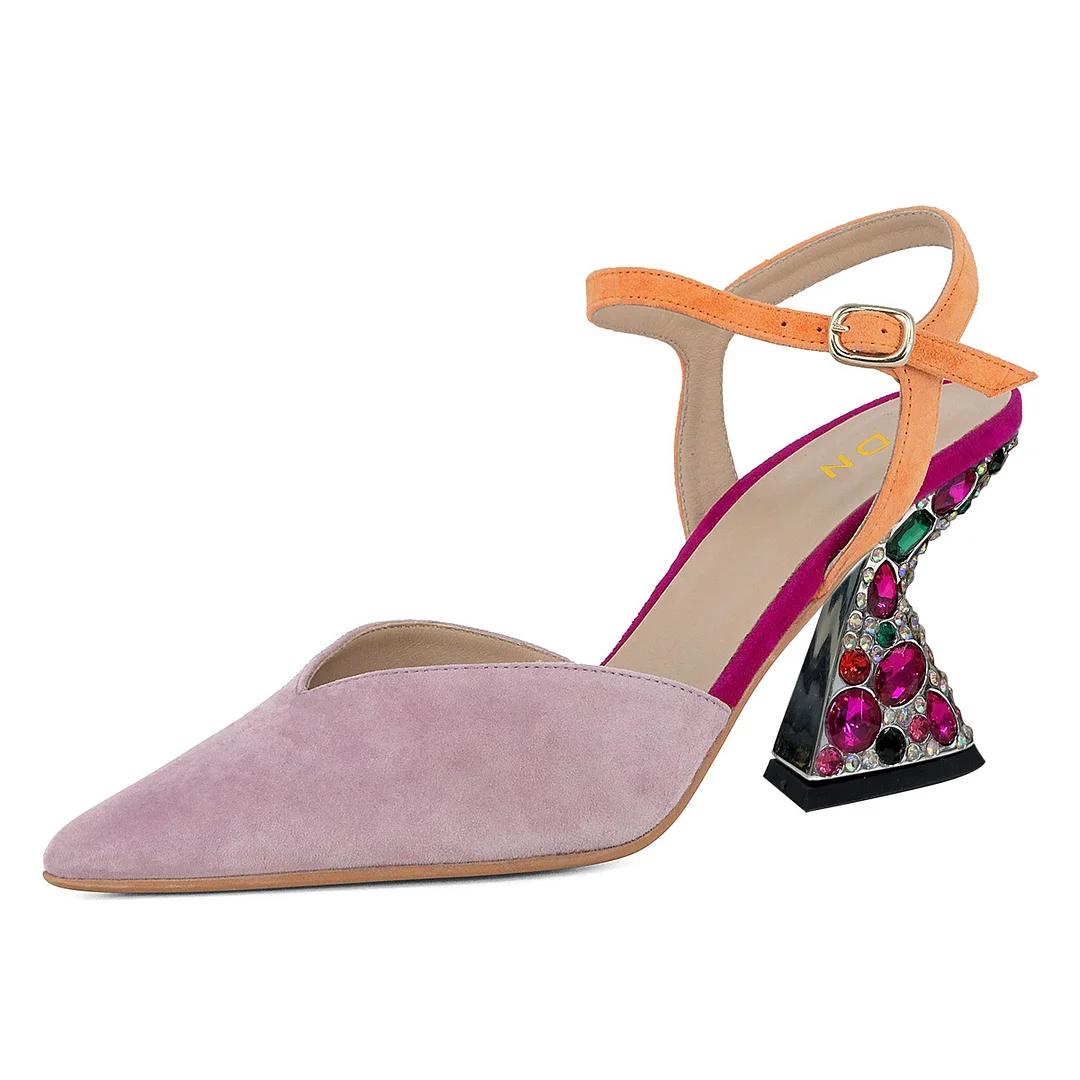Purple Faux Suede Pointed Decorative Heel Orange Buckle Strap Pumps