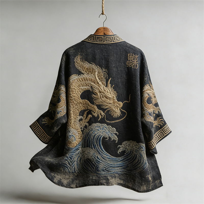 Japanese Dragons & Sea Waves Art Flowy Linen Kimono  artssus