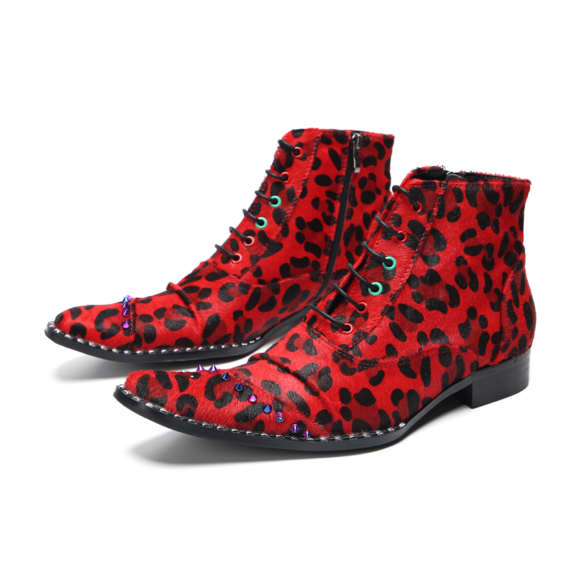 VCSHOES Botas Red Italian Rivet Leopard Evening Party Club Formal Boots Male Pointed Toe Dress Shoes Ankle Boots Large Size
