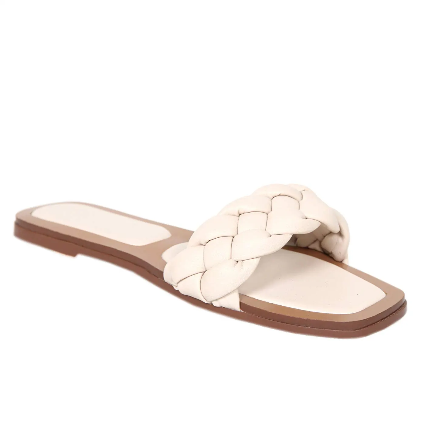 Braided Sandals for Women Slippers Open Square Toe Flats Beige-vocosishoes
